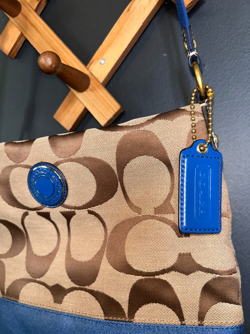 Coach Signature Stripe File Bag- Khaki Cobalt Blue Y2K 2012 - Picture 7 of 14